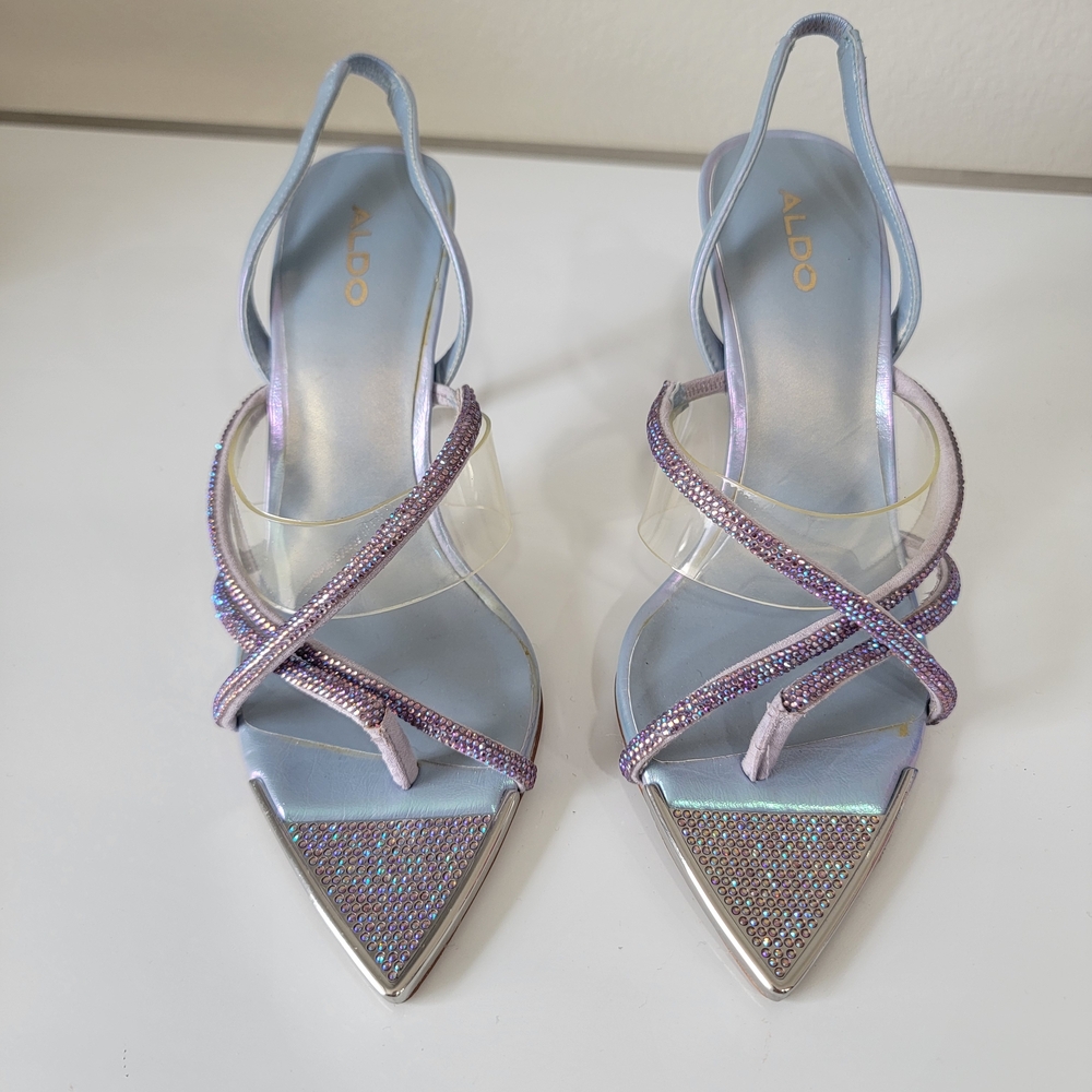 ALDO Blue Iridescent Rhinestone Slingback Heels Clear Strap Pointed Toe 7